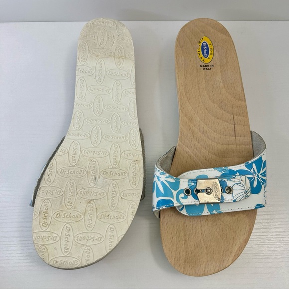 Dr Scholl’s Vintage Blue & White Hawaiian Hibiscus Silver Buckle Sandal Size 10 - Picture 8 of 14